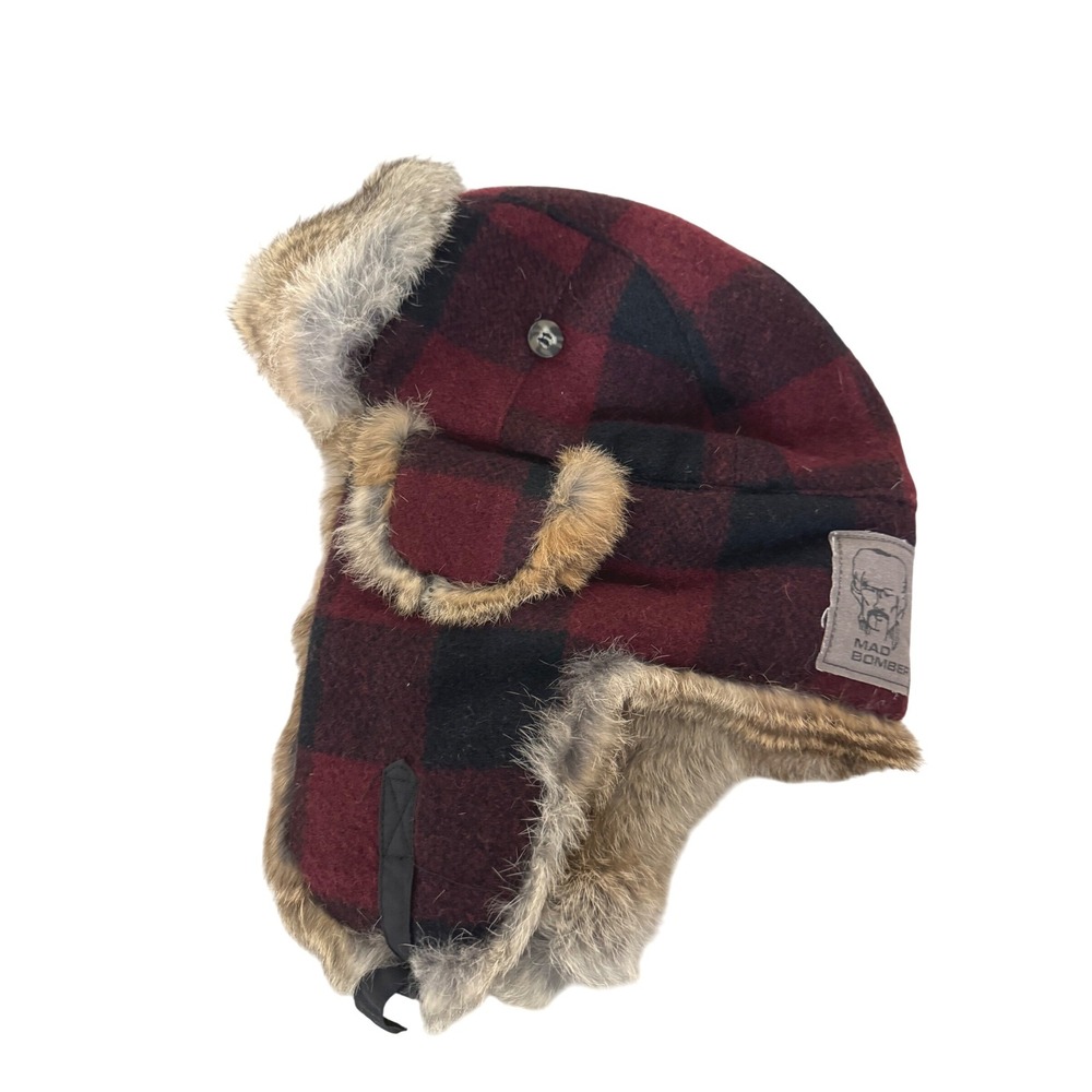 Mad Bomber Wool Plaid Rabbit‎ Fur Trapper Hat Red/Black Large